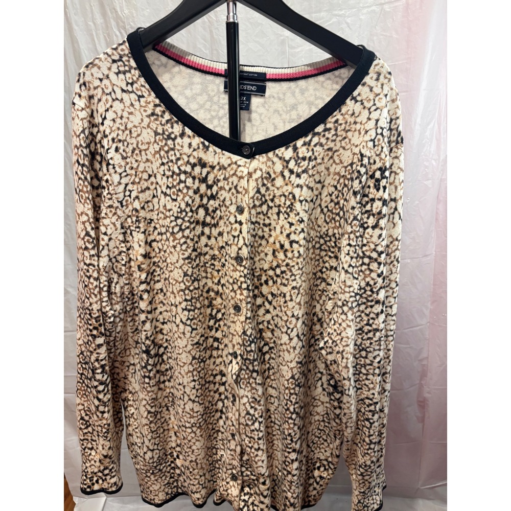 Lands End Womens 2X Cardigan Sweater Supima Cotton Leopard Animal Print Button